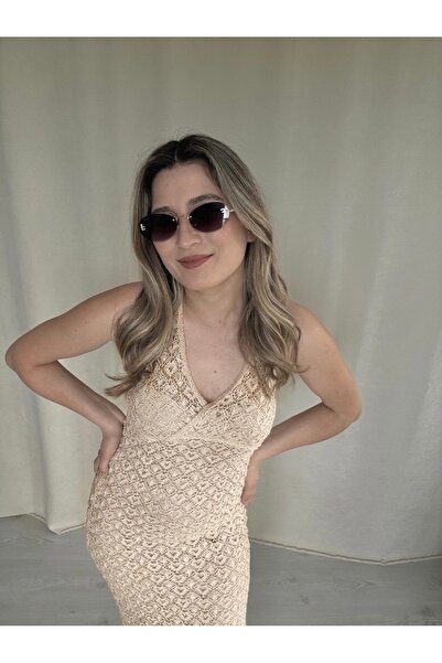 AlisBoutique Yakadan Bağlamalı Ajurlu Bikini Üstü File Elbise
