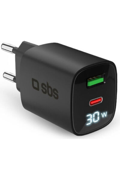 SBS Φορτιστής χωρίς καλώδιο GaN με θύρα USB-A και θύρα USB-C, 30W Power Deliv...