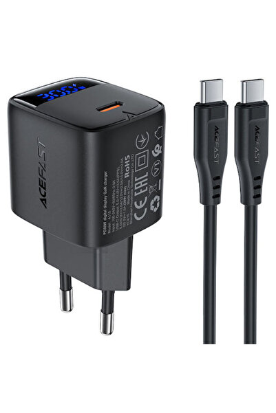Acefast Φορτιστής GaN με Θύρα USB-C και Καλώδιο USB-C σε USB-C 30W Μαύρο (A115)