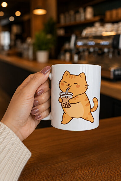 chic crazze Bubble Tea Cute Cat Design Porcelain Mug Boba Tea Drinking Cat Pa...