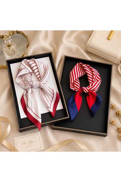 Mavero Women's 2-Piece Scarf Set 50X50 cm Silky Neck Shawl Marine Striped and...