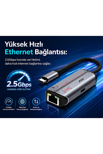 Coverzone USB-C 2.5G Ethernet Adaptörü 2500Mbps PD Destekli Kablolu İnternet ...