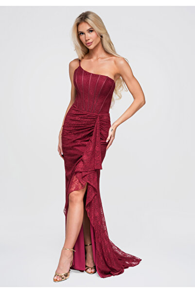 Larica Women's Evening Dress, Maxi, Asymmetrical Top LA-OM-DLR375 Burgund