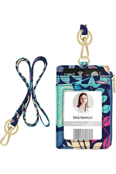 Generic ID badge holder with lanyard, vertical design decorated with floral p...