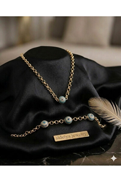 sidelyajewelry Nazar boncuklu sosyete gözü çelik kolye bileklik set