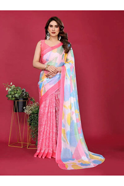 Generic Ready To Wear Chiffon Silk Saree, Women's Moss Chiffon Silk Printed S...