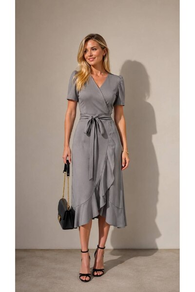 rengamoda Crepe Fabric Midi Length Belted Dress (Coloured)