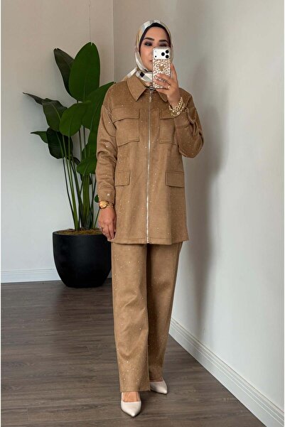 Moodbasic Serpme Taşlı Süet Takım - Camel