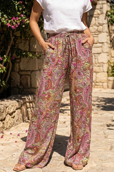Azıcık Akıllı Kadın Yeşil Pembe Paisley Çiçek Rahat Dökümlü Bol Paça Dokuma Şalvar 25KSLVH504