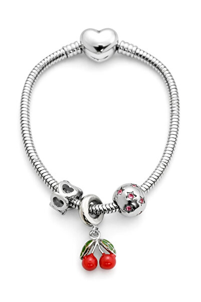 MakeWell Cherry & Heart 4-Piece Steel Charm Bracelet