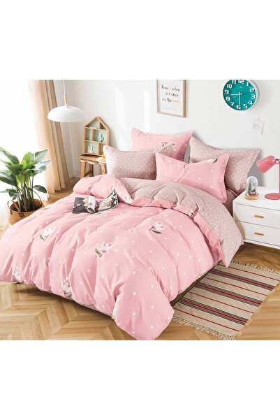 Sky Home Set de lenjerie de pat Finet 6 piese, Roz cu Floricele - KY109