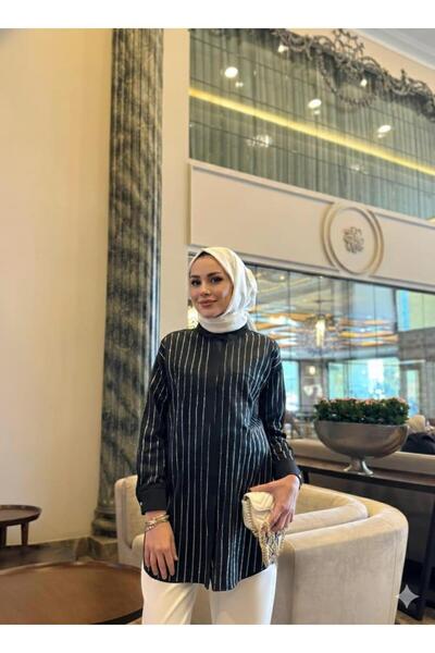 Moodbasic Şerit Detaylı Taşlı Gömlek - Siyah