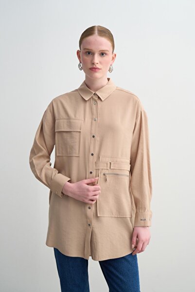 Moodbasic Çıtçıtlı Cupra Gömlek - Bej