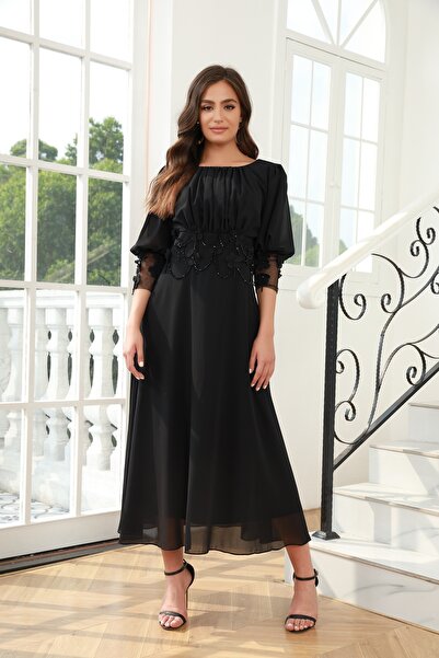 Independent Luxury Black Chiffon Dress with Beaded Details and Sheer Sleeves