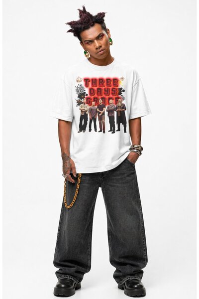 Fuddy Moda Μπλουζάκι Unisex Oversize με στάμπα με θέμα την ροκ μπάντα Three D...