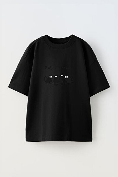 Anetos Tricou oversize negru din bumbac cu imprimeu frontal Ew People Cats De...