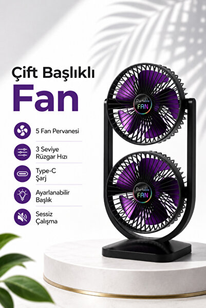 RAYLAX Taşınabilir Çift Başlıklı Sessiz Vantilatör Type-C Girişli, 3 Kademeli...