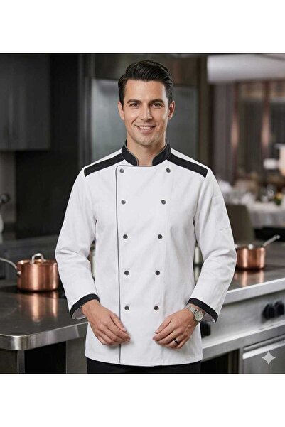 BİTEKS Professional White Men's Chef Jacket with Black Piping Detail and Domi...