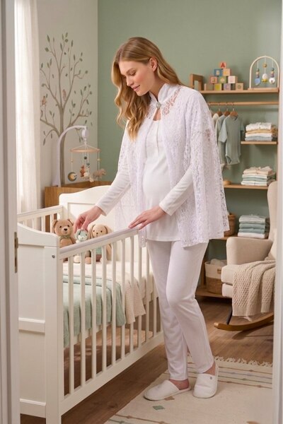 Lohusa Homewear New Season Ecru Poncho Lace Dressing Gown with Breastfeeding ...