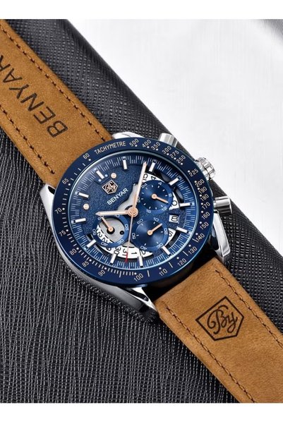 Benyar Watches for Men Luxury Quartz Water Resistant Watch Men's Chronograph Genuine Leather Strap 5120