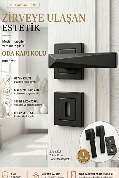 MEGAHOME STORE Premium Piramit Model Mat Siyah Kare Rozetli Oda Kapı Kolu Tak...
