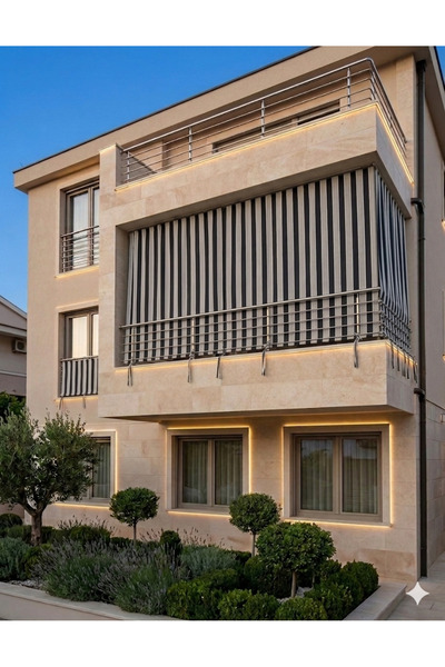 MRC Tekstil Antrasit Gri Lüks Çizgili Su Geçirmez Kornişli Bağcıklı Balkon Pe...