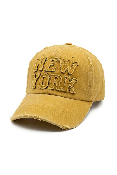 Kapin Eskitme Kot Kumaş Hardal Baseball Cap Nakışlı Tasarım Şapka