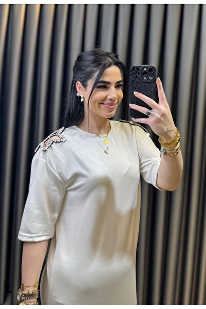 Nisam فستان مودال مزين بالأحجار على الكتف