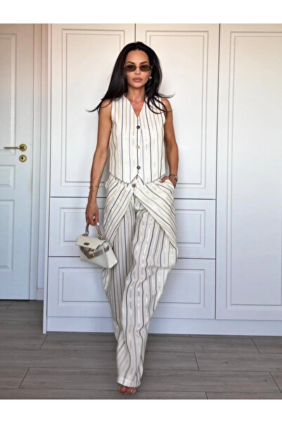 CC STORE Compleu GOLDEN MUSE, ivoire cu dungi, două piese, vestă și pantaloni