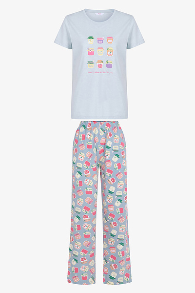 Penti Women's Cotton Lounge Sweet Breakfast Pajama Pants Set - Light Blue