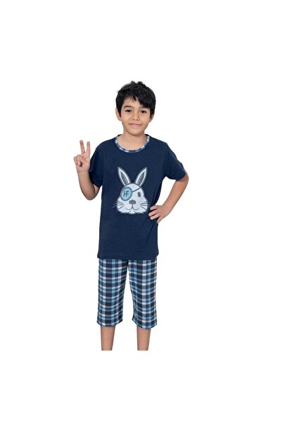 Serena Boys' pajamas, short sleeves, funny rabbit print, navy blue