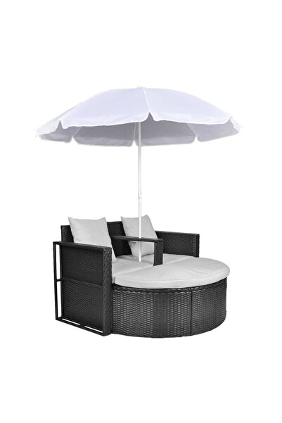 vidaxl Pat de grădină cu umbrelă de soare, negru, poliratan
