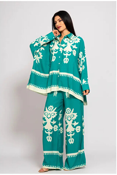 Fame Greece Turquoise Viscose Co-Ord Set with White Motif Print