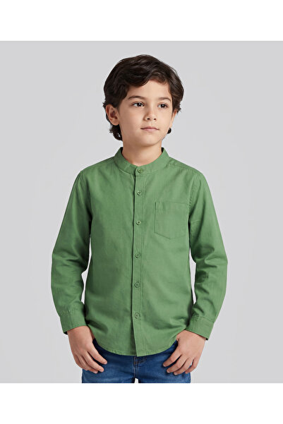 Pine kids Cotton Woven Full Sleeves Mandarin Solid Shirt - Olive Green