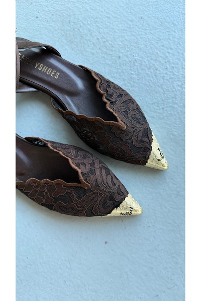 Eataly Shoes ICON Ανοιχτό καφέ δαντελένιο παπούτσι μπαλαρίνας με λουράκι στον...