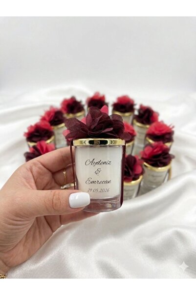 SOFT Kişiye Özel Söz Nişan Nikah Hediyelik Mum – Bordo fuşya Çiçek Detaylı Mu...