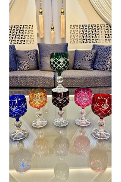 Vakıf home 6 Adet Kristal Kesme El İşi Renkli Kahve Yanı Su Bardağı 150 cc