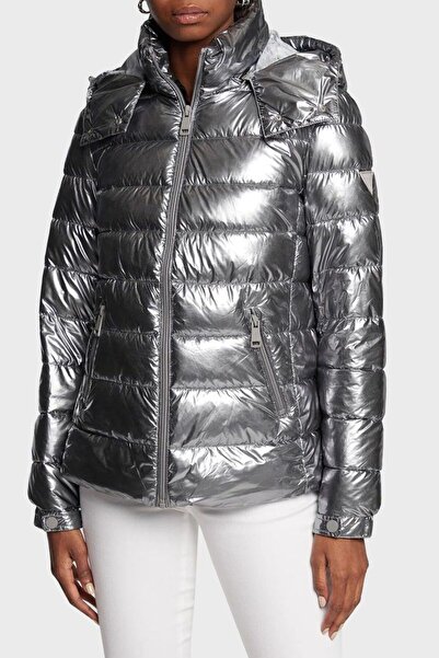 Guess Κοντό Γυναικείο Puffer Μπουφάν για Χειμώνα Ασημί W2BL26WEWC0-F9OD - Medium