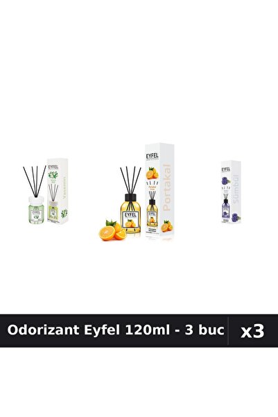 Eyfel Set 3 Odorizant Camera cu Betisoare 120ml - Iasomie, Portocala, Zambile