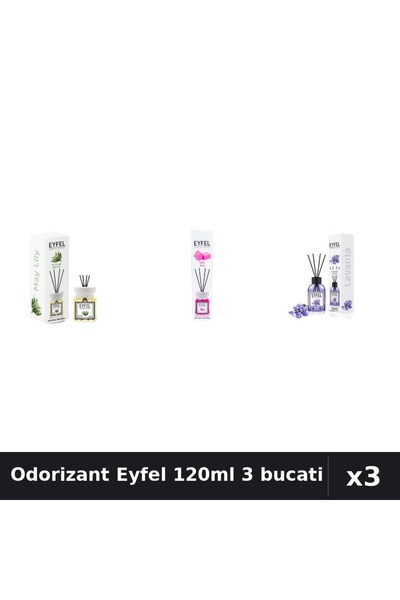 Eyfel Set 3 Odorizante Camera cu Betisoare 120ml - Lacramioare, Bubble Gum, L...