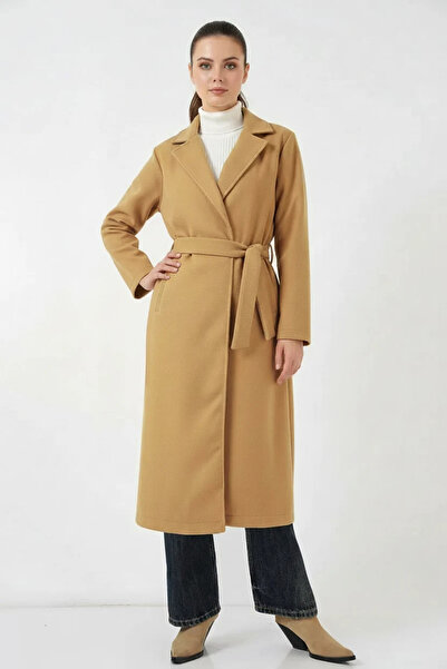 buğrahayalin Women's Double-Breasted Collar Belted Cashmere Mustard Coat