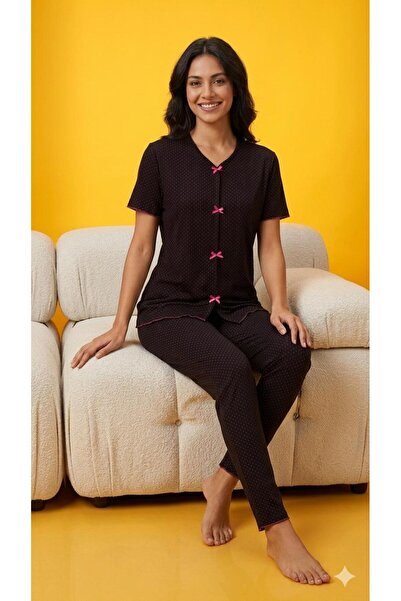 LXL Summer Black Fuchsia Polka Dot Patterned Short Sleeve Combed Cotton 100% ...