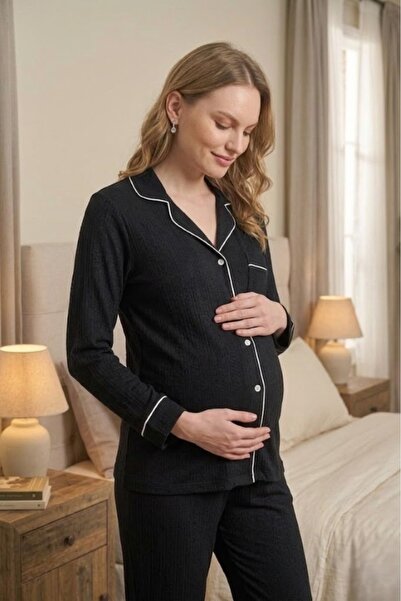 Lohusa Dünyasi Women's Black Ribbed Front Buttoned Baby Collar Maternity Paja...