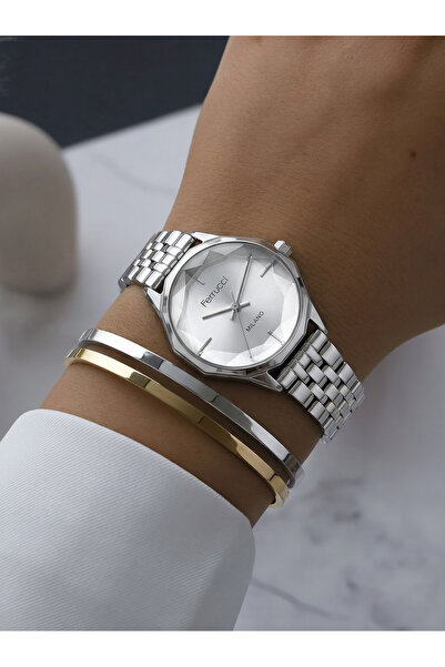 Ferrucci Silver Kadran Kesme Cam Detaylı Silver Metal Kordon Kadın Kol Saati