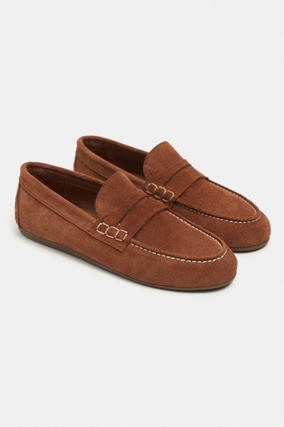 NİŞANTAŞI SHOES Jery Taba Hakiki Süet Deri Yuvarlak Burun Düz Taban Kadın Penny Loafer Ayakkabı