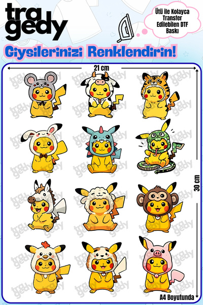 TRAGEDY Pikachu - 1 Pokemon Design Dtf Print That Irons on Fabric in A4 Size