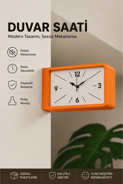 Tovo Craft Modern Dikdörtgen Çift Taraflı Duvar Saati – Sessiz Mekanizmalı De...