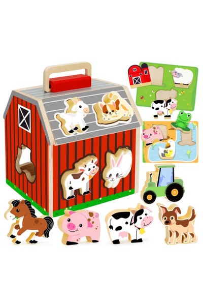 Stuniko Casuta din lemn cu animalele de la ferma si puzzle Stuniko®, Jucarie ...