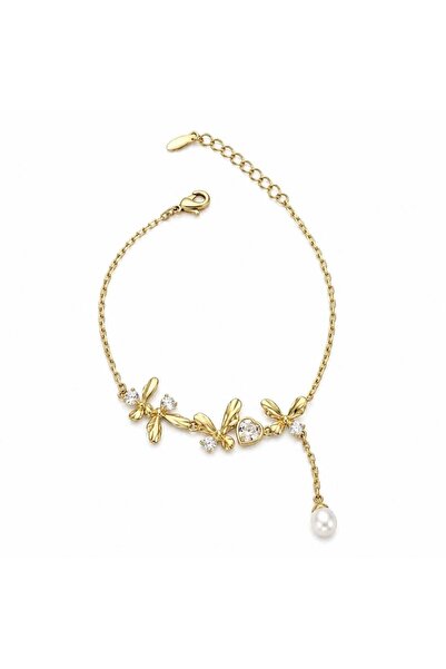 neslyaccessories İnci Damla Kelebek 14 Ayar Altın Kaplama Bileklik
