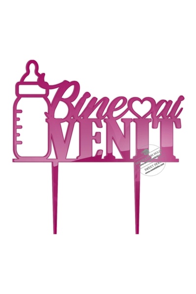 Decoratiuni Dulci Cake topper biberon cu textul Bine ai venit - Magenta